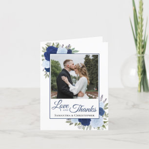 Love & Thanks Blue Boho Roses Wedding Photo  Letterpress Thank You Card