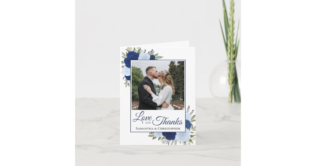 Love & Thanks Blue Boho Roses Wedding Photo Thank You Card | Zazzle