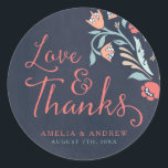 Love & Thanks Bluish Chalkboard Floral Wedding Classic Round Sticker<br><div class="desc">This wedding round sticker features beautiful floral against a bluish chalkboard background with the word "Love & Thanks" in modern script font. Use it to seal your Wedding envelopes or for decoration. Check out the Wedding Invitation and other matching wedding items in my collection here -> http://www.zazzle.com/collections/bluish_chalkboard_floral_bridal_and_wedding-119872540777216768?rf=238364477188679314 Personalize it with...</div>