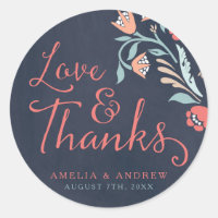 Love & Thanks Bluish Chalkboard Floral Wedding Classic Round Sticker