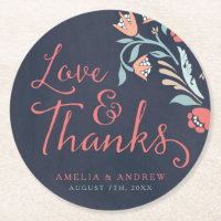 Love & Thanks Bluish Chalkboard Floral Wedding Round Paper Coaster