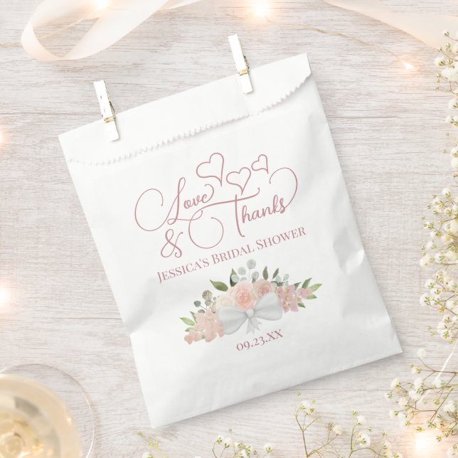Love & Thanks Bouquet of Pink Roses Bridal Shower Favor Bag (Clipped)