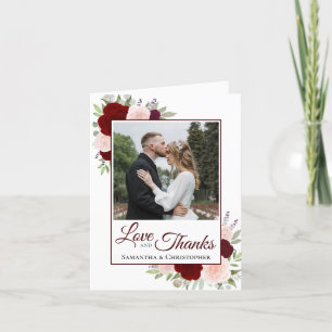 Love & Thanks Burgundy Blush Roses Wedding Photo  Letterpress Thank You Card