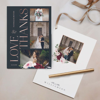 Love & Thanks Burgundy Navy Florals Three Photos Thank You Card