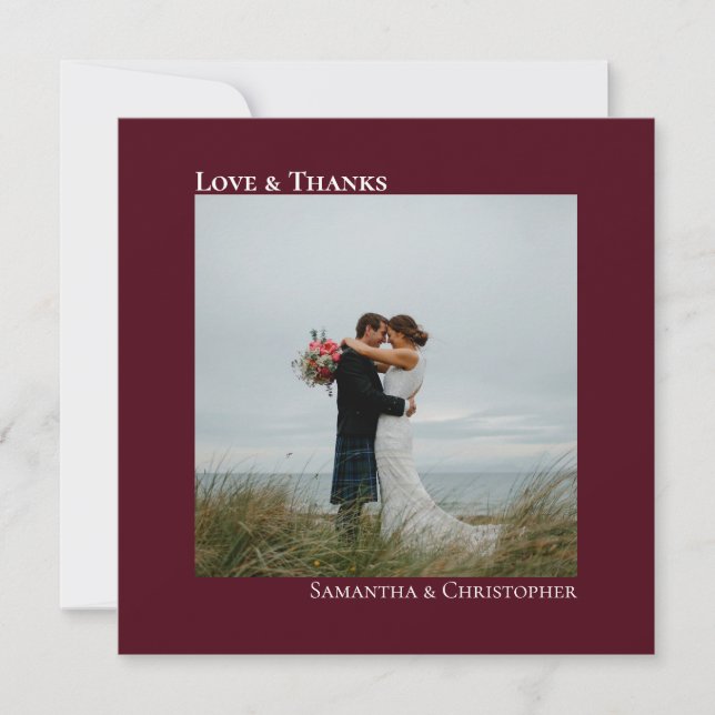 Love & Thanks Burgundy Wedding Photo Thank You Note Card (Front)