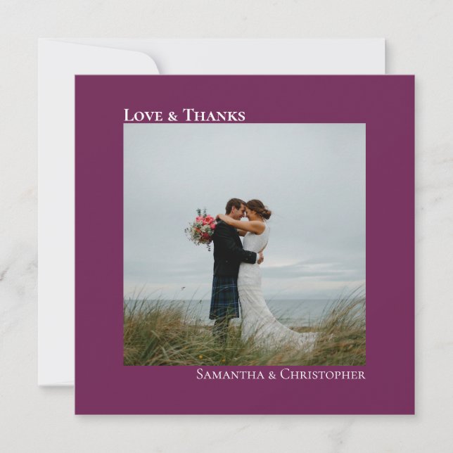 Love Thanks Cassis Purple Wedding Photo Thank You Note Card (Front)