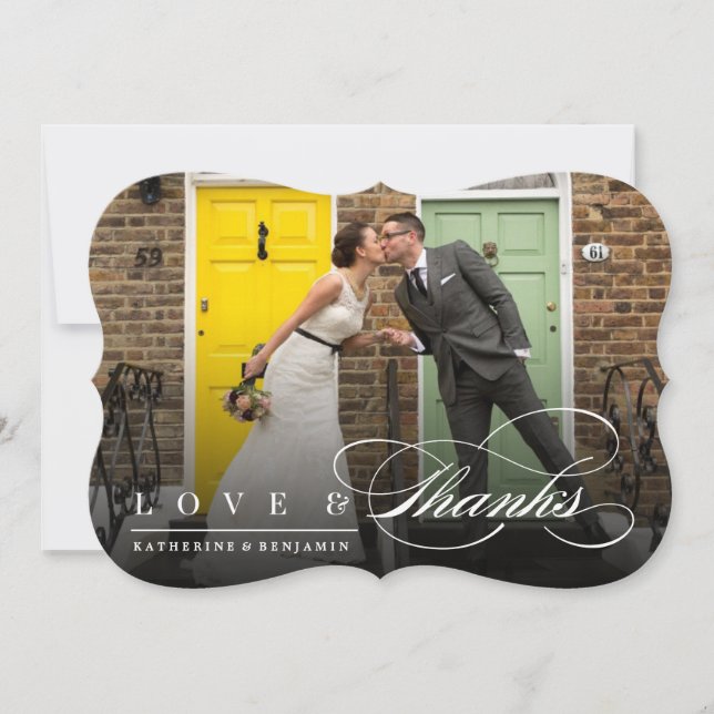Love & Thanks Classic Script Photo Modern Wedding Thank You Card (Front)