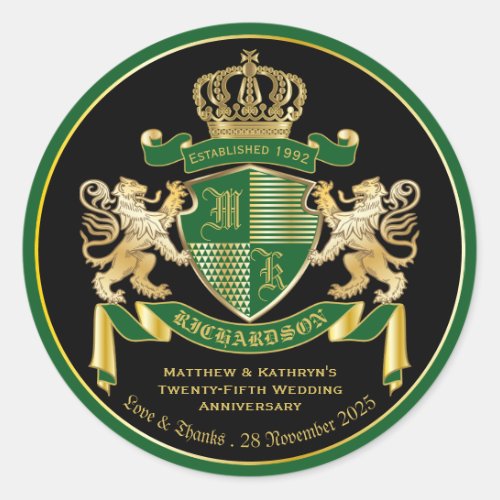 Love  Thanks Coat of Arms Green Gold Lion Emblem Classic Round Sticker