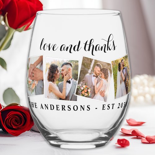Love  Thanks Custom Photo Collage Modern Wedding  Stemless Wine Glass
