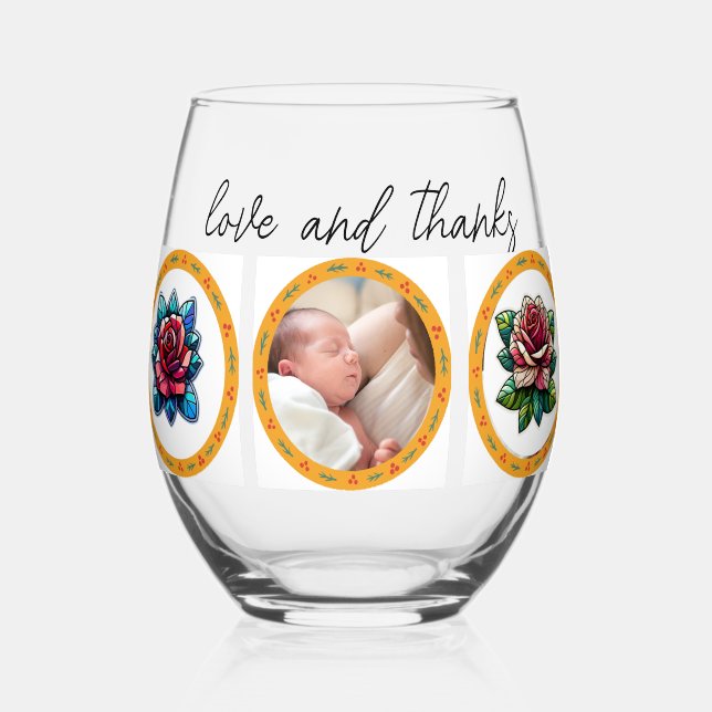 Love & Thanks Custom Photo Collage Modern Wedding  Stemless Wine Glass (Front)