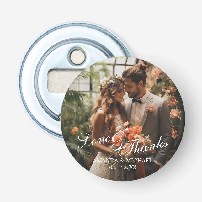 'Love & Thanks' Custom Photo Wedding Favor Bottle Opener (Front)