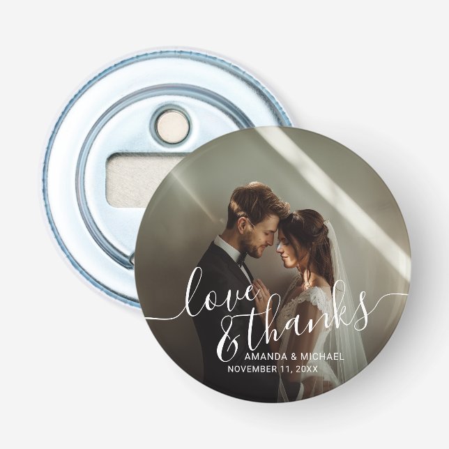 'Love & Thanks' Custom Photo Wedding Favor Bottle Opener (Front)