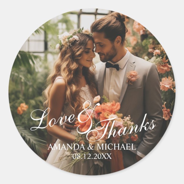 'Love & Thanks' Custom Photo Wedding Favor Classic Round Sticker (Front)