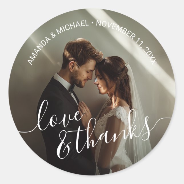 'Love & Thanks' Custom Photo Wedding Favor Classic Round Sticker (Front)