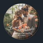 'Love & Thanks' Custom Photo Wedding Favor Magnet<br><div class="desc">A stylish and elegant wedding favor design with the words "Love & Thanks" in a beautiful white script font. It includes space for a custom photo,  names,  and the wedding date in a classic white font. A perfect way to add a personal touch to your special day!</div>