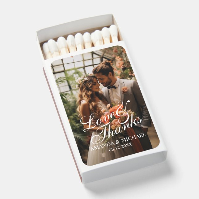 'Love & Thanks' Custom Photo Wedding Favor Matchboxes (Front Open)