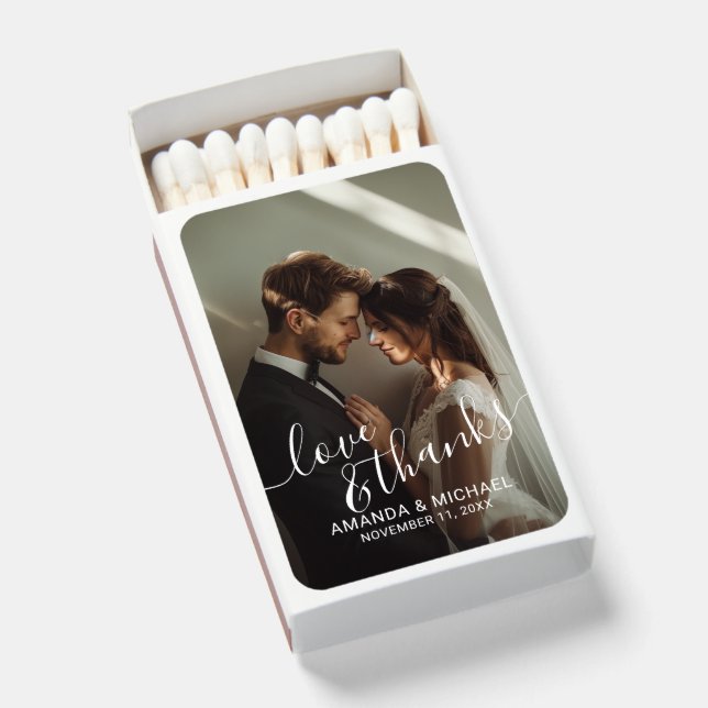 'Love & Thanks' Custom Photo Wedding Favor Matchboxes (Front Open)