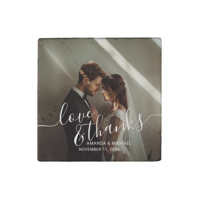 'Love & Thanks' Custom Photo Wedding Favor Stone Magnet (Front)