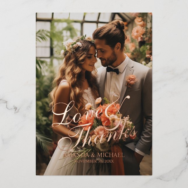 'Love & Thanks' Custom Photo Wedding Thank You Foil Invitation (Front)
