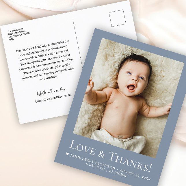 Love & Thanks Dusty blue Baby Photo announcement Postcard (Custom baby boy photo dusty blue Love and thanks with birth stats, message, names postcard.)