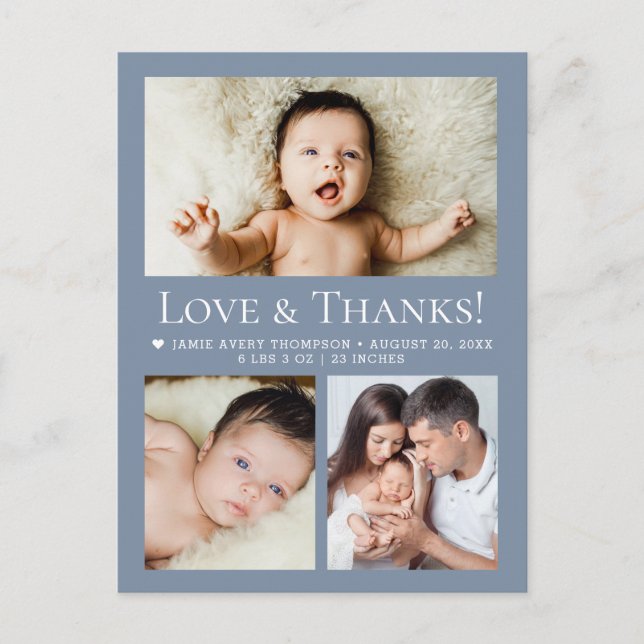 Love & Thanks Dusty blue Baby Photo Collage birth Postcard (Front)