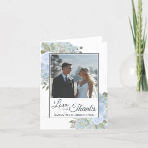 Love & Thanks Dusty Blue Roses Wedding Photo Letterpress Thank You Card