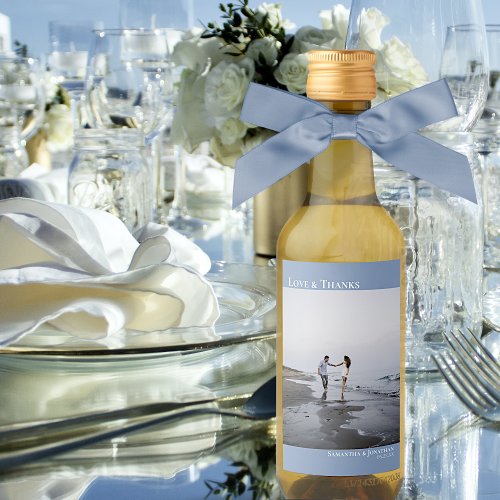 Love  Thanks Dusty Blue Simple Wedding Photo Mini Wine Label
