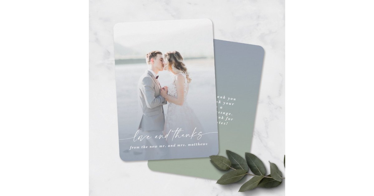 Love & Thanks Dusty Blue Wedding Photo Overlay Thank You Card | Zazzle