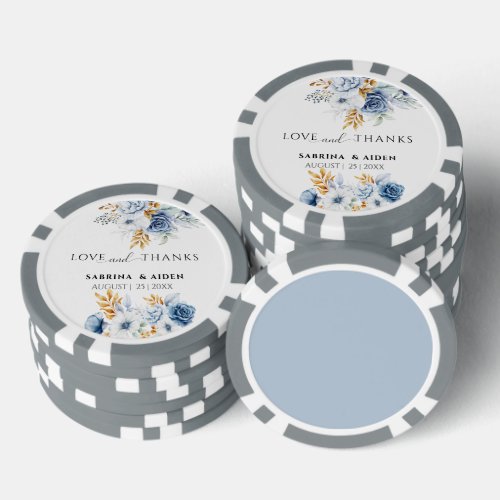 Love  Thanks Dusty Blue White Gold Floral Wedding Poker Chips