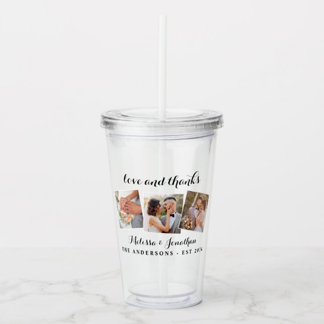 Love & Thanks Elegant 3 Photo Bride Groom Wedding Acrylic Tumbler (Front)