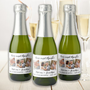 Love & Thanks Elegant 3 Photo Bride Groom Wedding Sparkling Wine Label