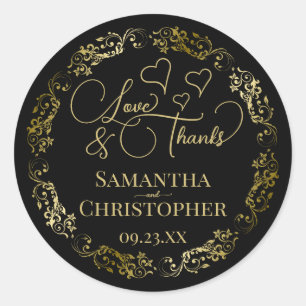 Love & Thanks Elegant Black & Gold Wedding Classic Round Sticker