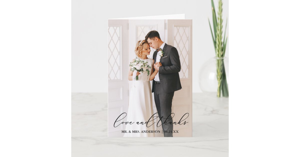 Love Thanks Elegant Calligraphy Wedding Photo Fold Thank You Card | Zazzle