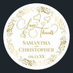 Love & Thanks Elegant Gold & White Wedding Favor Classic Round Sticker<br><div class="desc">These beautiful stickers are designed to use as wedding favor tags, or as envelope seals for your wedding thank you cards. The elegant design features an ornate lacy golden border with fancy script lettering reading "Love & Thanks!" There are romantic hearts scattered about with room for the names of the...</div>