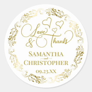 Love & Thanks Elegant Gold & White Wedding Favor Classic Round Sticker