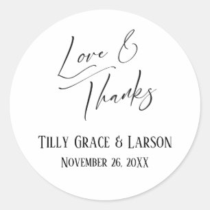 Love & Thanks Elegant Handwriting Black & White Classic Round Sticker