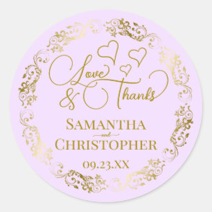 Love & Thanks Elegant Lilac Purple & Gold Wedding Classic Round Sticker
