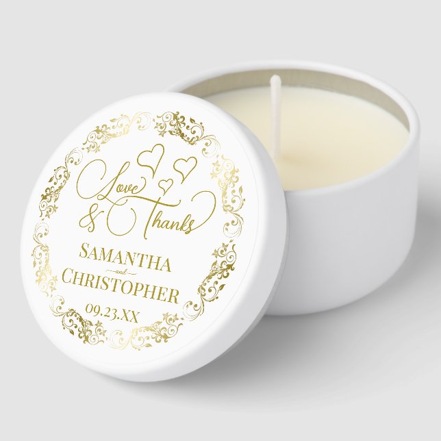 Love & Thanks Elegant Ornate Gold & White Wedding Mini Candle Favors (Corner)