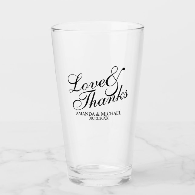 'Love & Thanks' Elegant Script Wedding Favor Glass (Front)