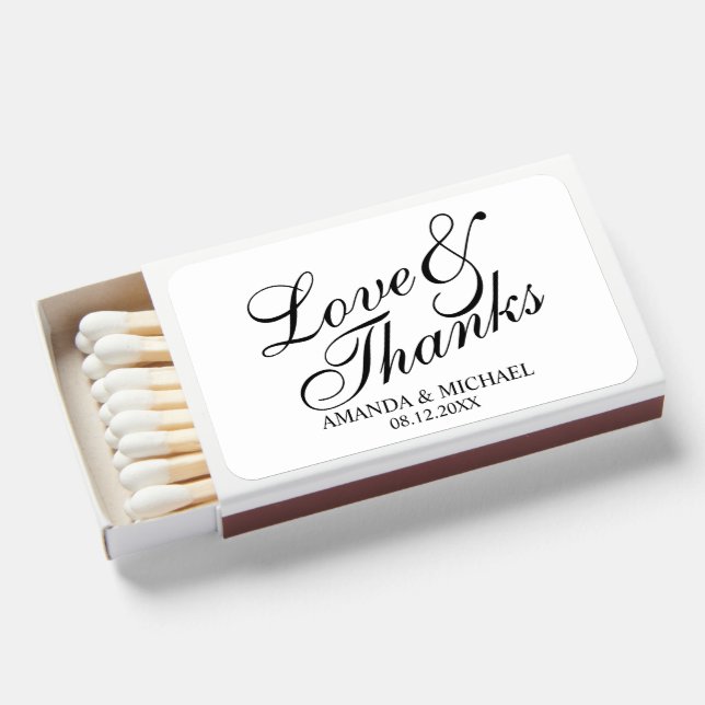 'Love & Thanks' Elegant Script Wedding Favor Matchboxes (Front Open)