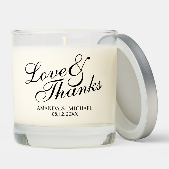 'Love & Thanks' Elegant Script Wedding Favor Scented Candle (Lid)