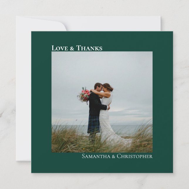 Love Thanks Emerald Green Wedding Photo Thank You Note Card (Front)