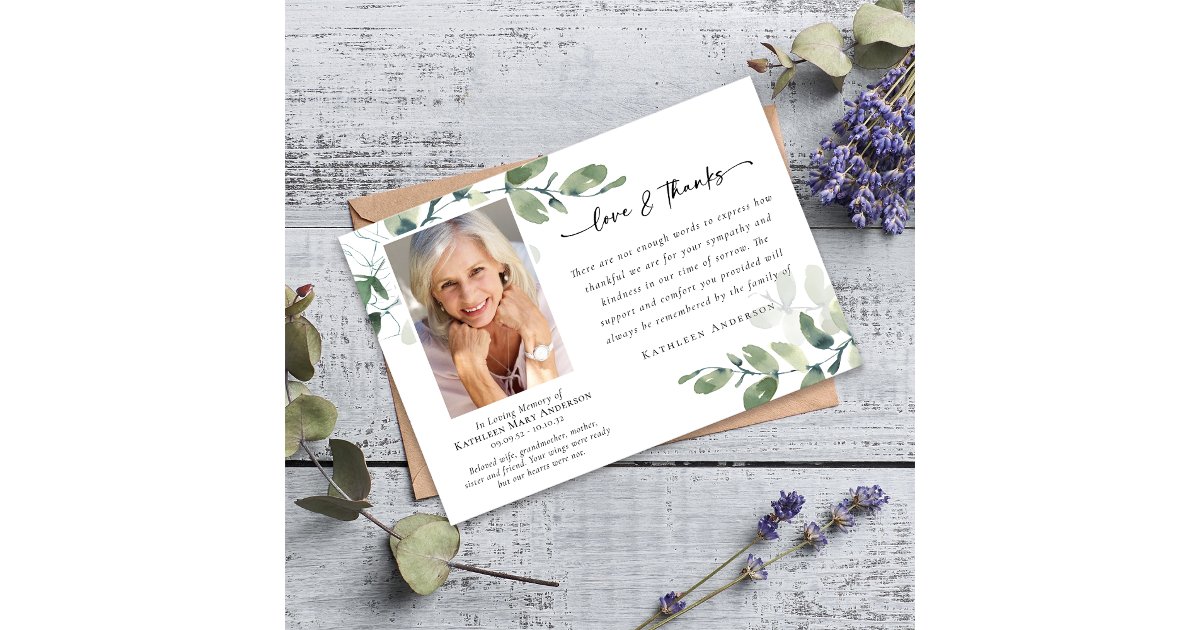 Love & Thanks Eucalyptus Funeral Memorial Photo Thank You Card | Zazzle