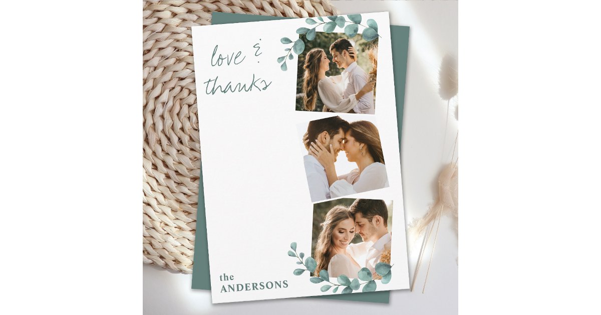 Love Thanks Eucalyptus Greenery 3 Photo Wedding Thank You Card | Zazzle