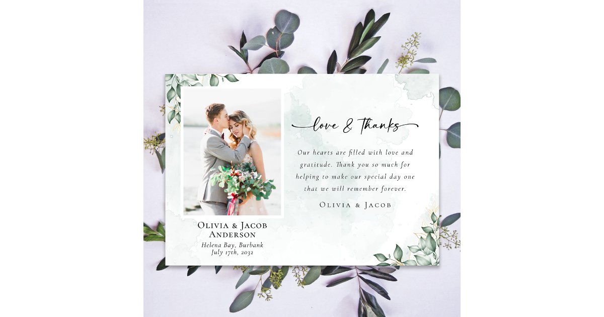 Love & Thanks Eucalyptus Photo Wedding Thank You Card | Zazzle