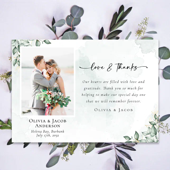 Love & Thanks Eucalyptus Photo Wedding Thank You Card | Zazzle