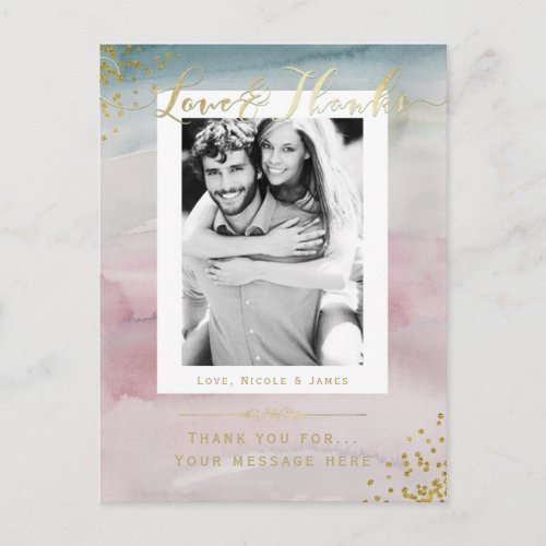 Love  Thanks Glam Watercolor Gold Thank You Photo Postcard