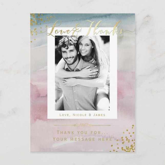 Love & Thanks Glam Watercolor Gold Thank You Photo Postcard (Front)