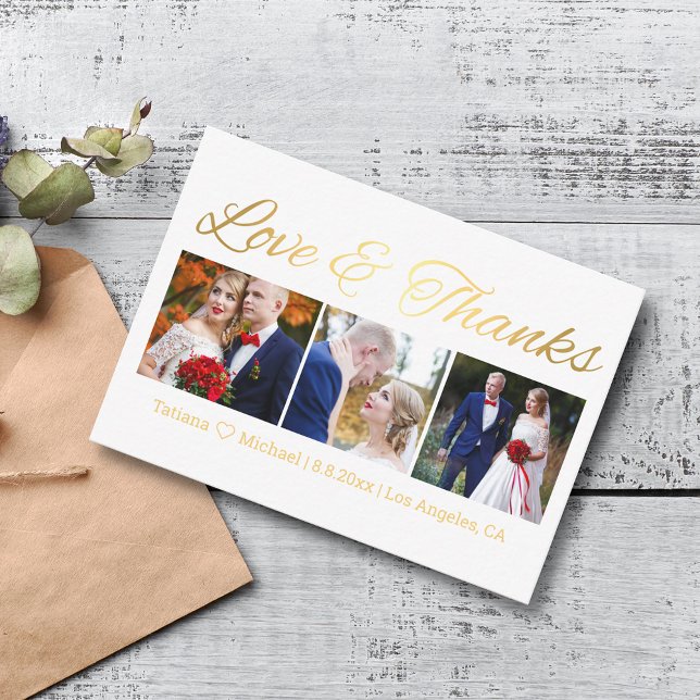 love & thanks gold chic wedding 3 photos collage   note card (Creator Uploaded)