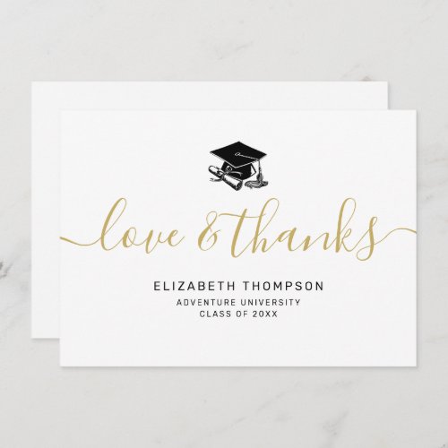 Love Thanks Gold Script Black Grad Cap Graduation Thank You Card